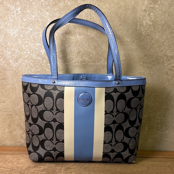Coach Handbags - Coach Monogram Tote with Blue and Cream Center Stripe
